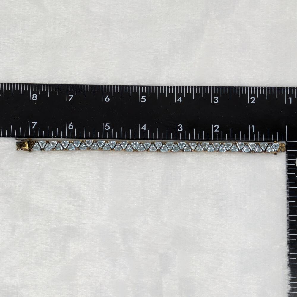 Lab Blue Topaz Trillion Cut Tennis Bracelet 7" S925 10K Gold Vermeil RF Signed - Picture 3 of 7